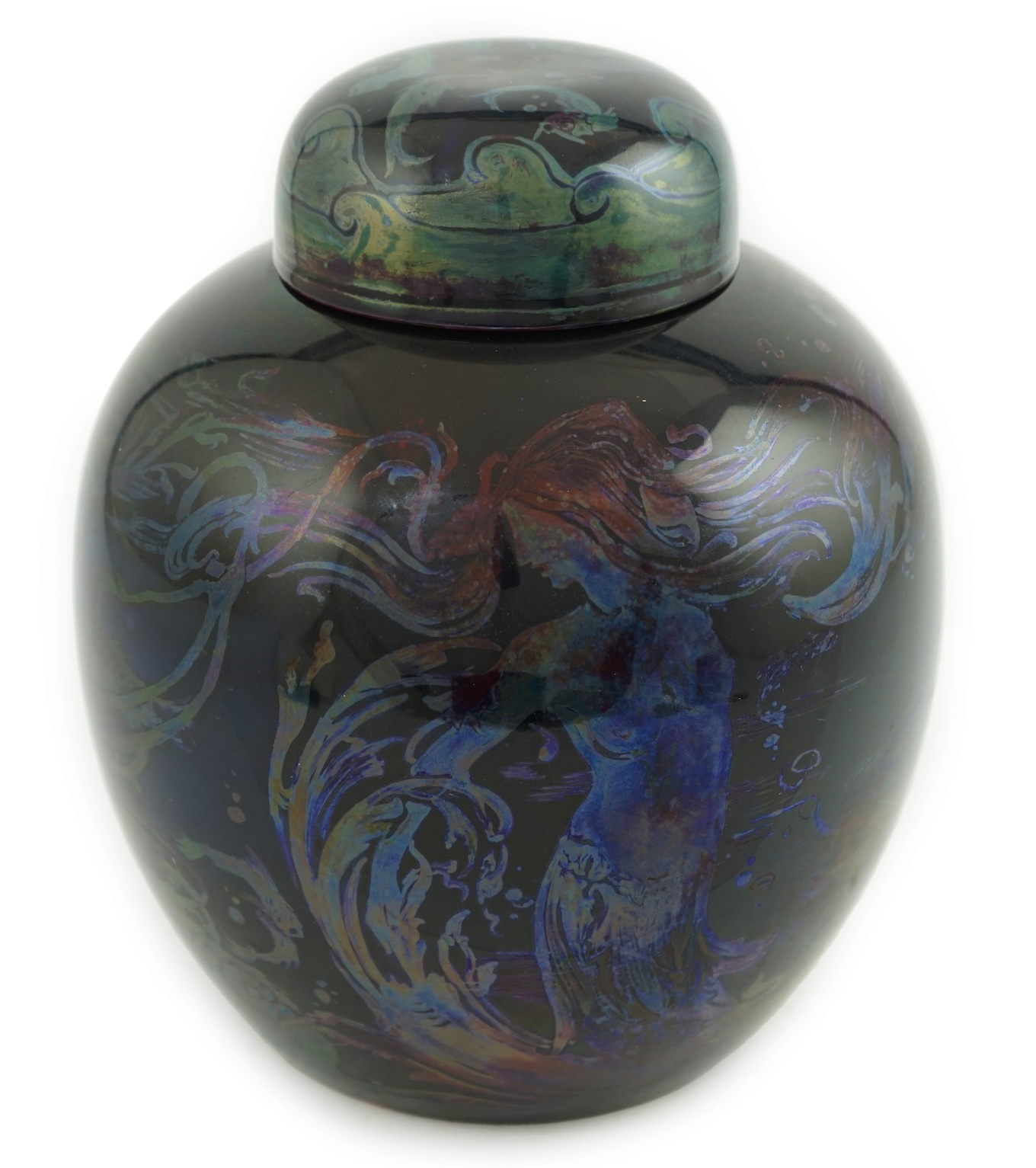 A Bernard Moore flambé and silver lustre ‘mermaid’ ginger jar and cover, by Hilda Lindop, c.1910